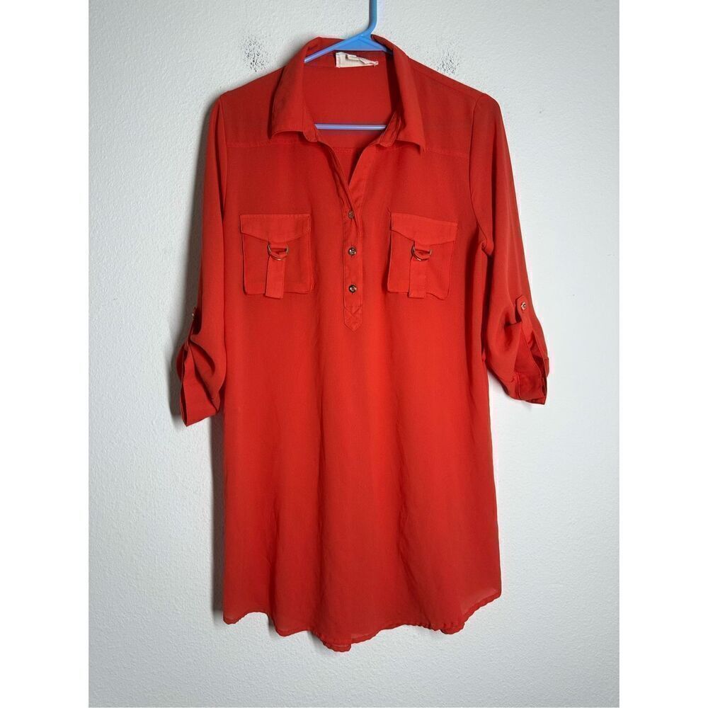 Sweet Wanderer Womens Size L Orange Zippered Pocket V-neck Top Roll Long Sleeve
